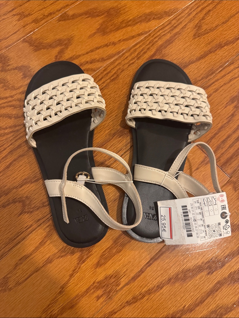 Zara Beige Woven Strap Kids Sandals with Black Footbed